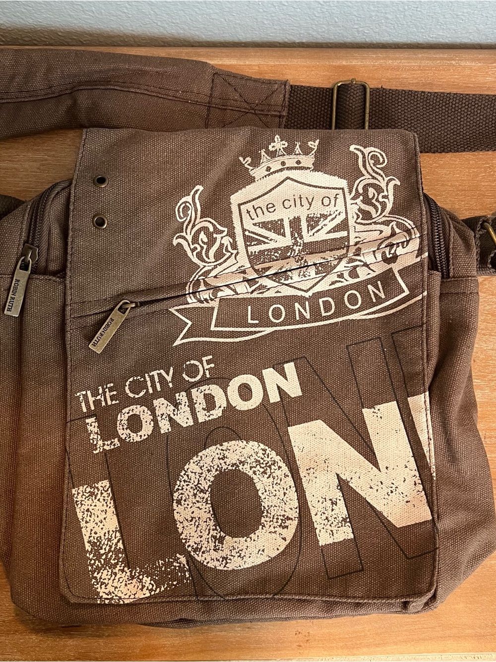 London Print Brown Canvas Crossbody Bag for Men